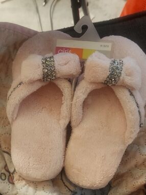 Girls Plush Bow Slide Slippers in Light Pink with Rhinestone Trim